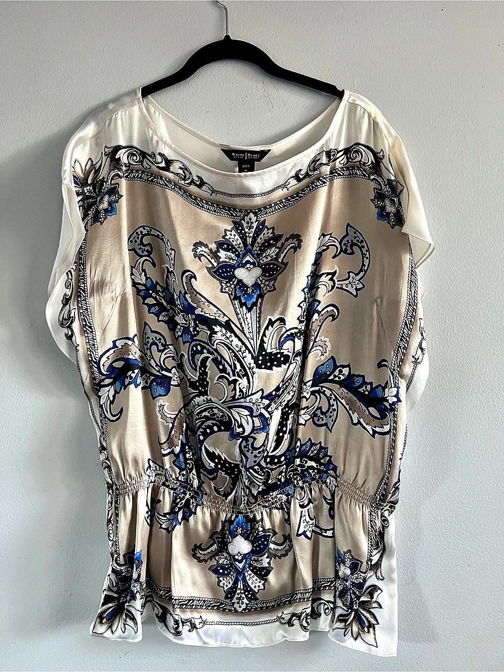 NWT White House Black Market Paisley 100% Silk Blouse in Cream & Blue XL